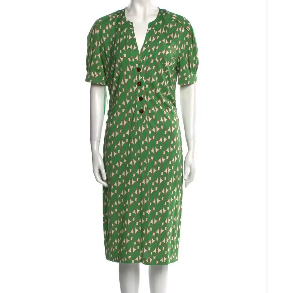 Diane Von Furstenberg Green and Cream Geometric Midi Dress